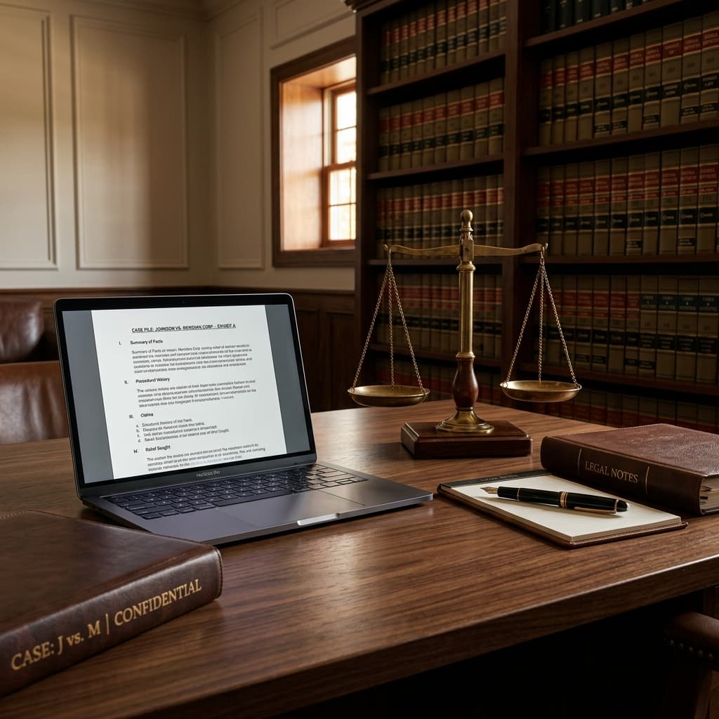 Law firm case files, legal notes, and remote legal support desk